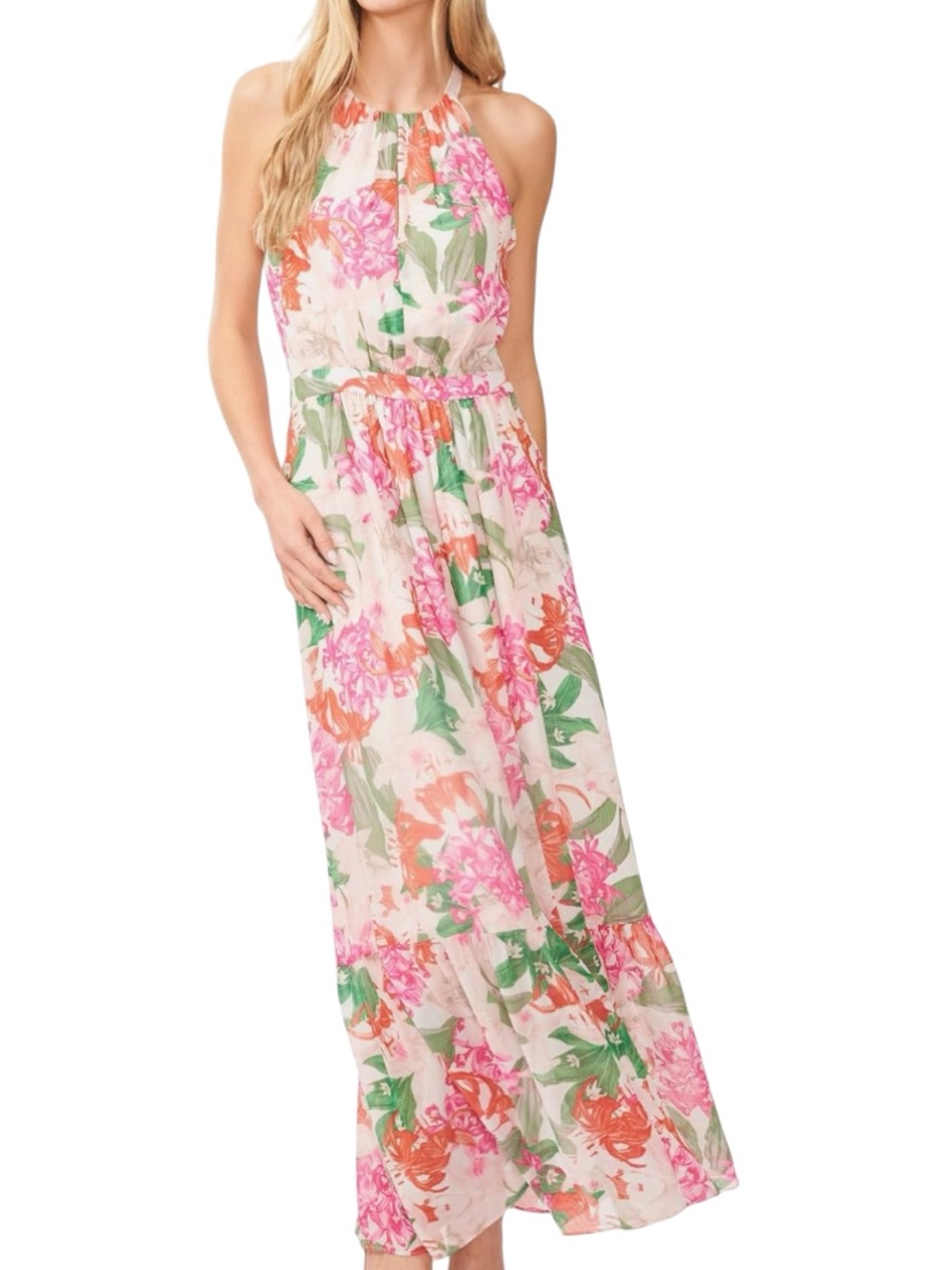 NWT CECE Floral Sleeveless Halter Tie Neck Ruffle Hem Lined Maxi Dress Size 8